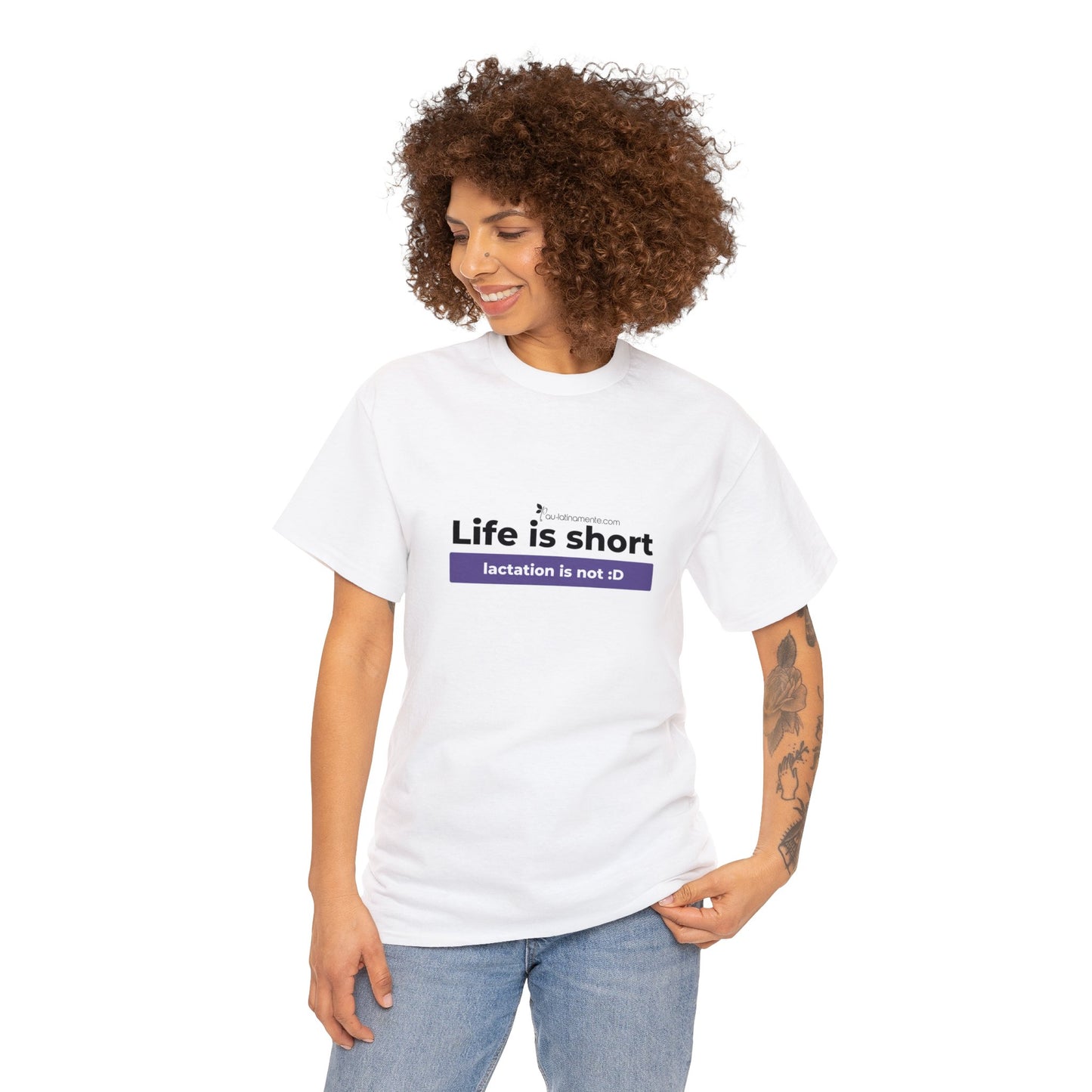 Life is short, lactation is not (purple line) - Unisex Heavy Cotton Tee