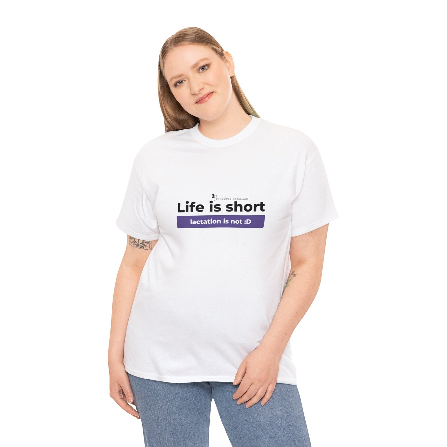 Life is short, lactation is not (purple line) - Unisex Heavy Cotton Tee